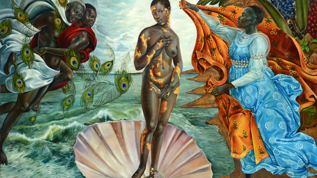 Currently on display at the Spelman College Museum of Fine Art in Atlanta, the exhibit "Harmonia Rosales: Master Narrative" entwines West African religion and art techniques of the Renaissance period. Pictured here: Rosales' work "The Birth of Oshun."